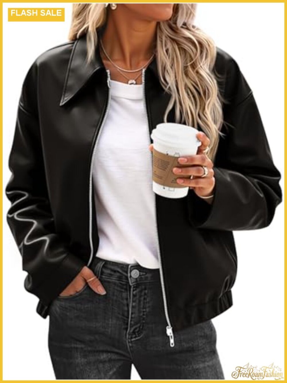 Faux Leather Cropped Bomber Jacket Zip Up Moto Biker Coat